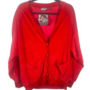 Jaclyn Sport Velour Cardigan Red Gold Buttons‎ Pockets V-Neck Size L